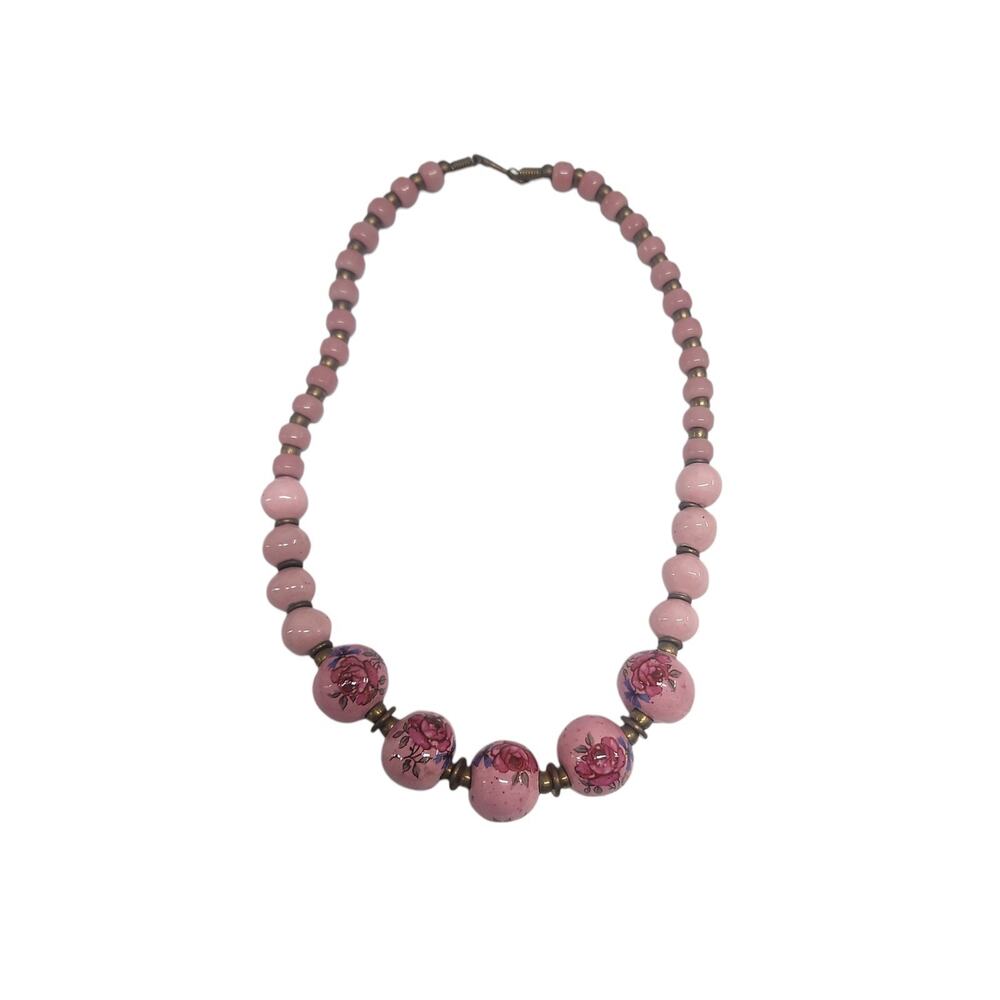 Vintage Porcelain Painted Pink Floral Beads & Brass Necklace